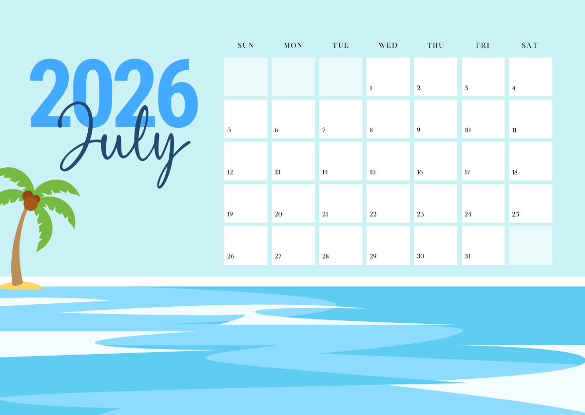 Free Beach July 2026 Calendar to Edit Online