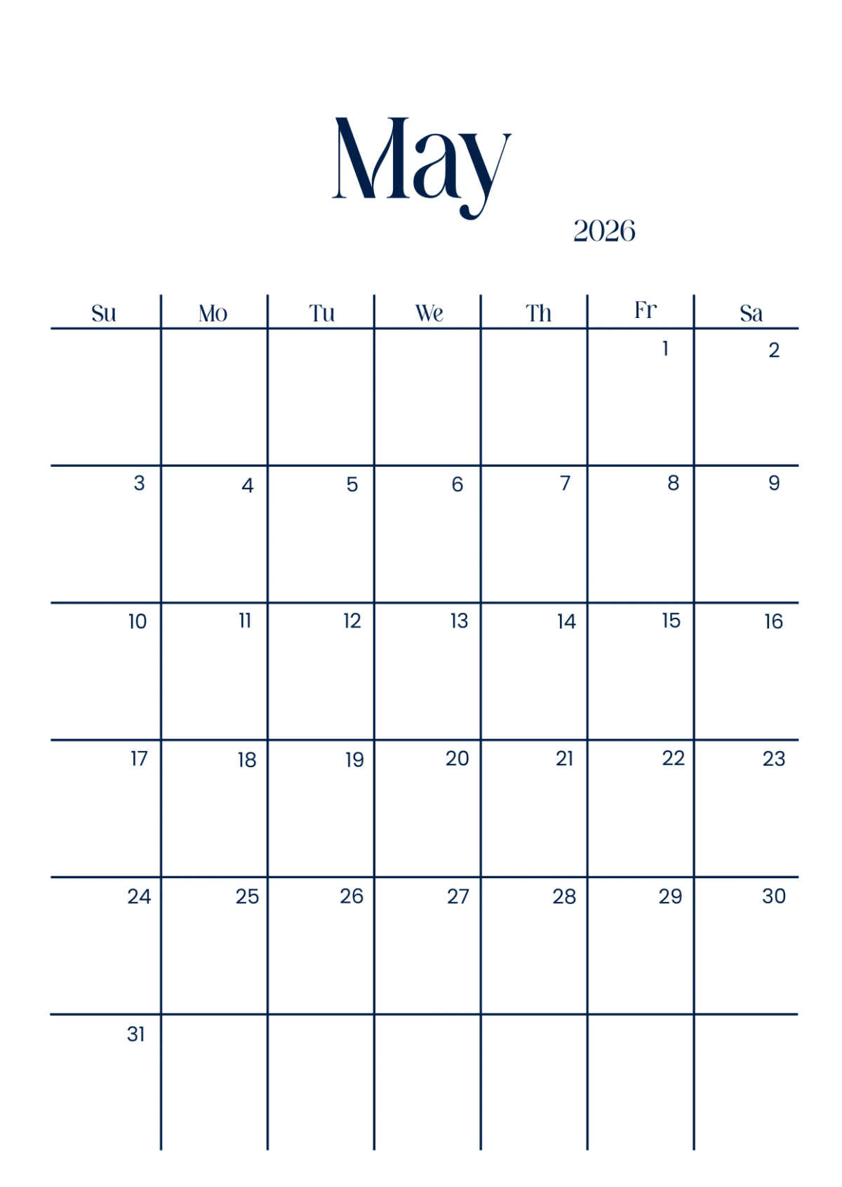 Free May 2026 Wall Calendar to Edit Online