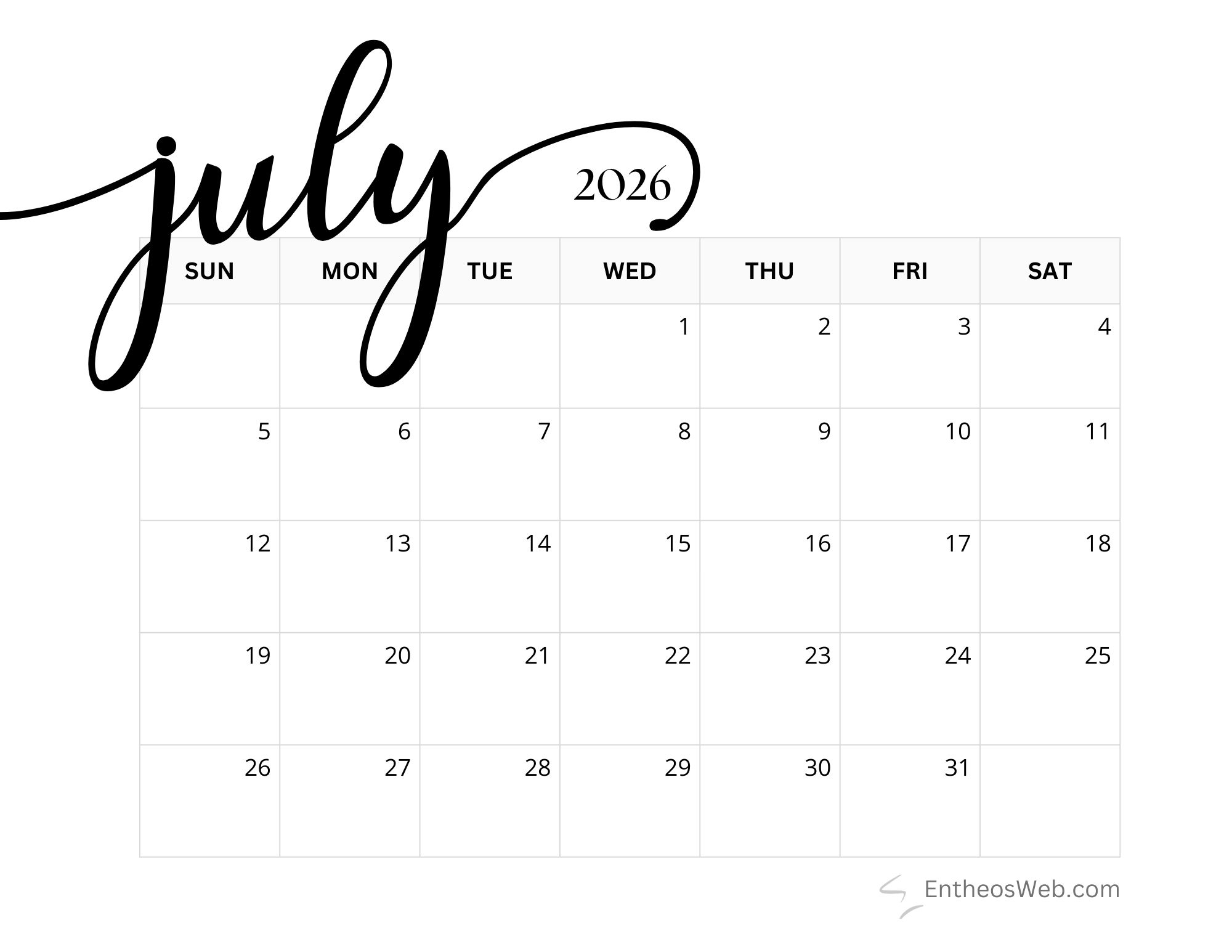 Free Printable July 2026 Calendars