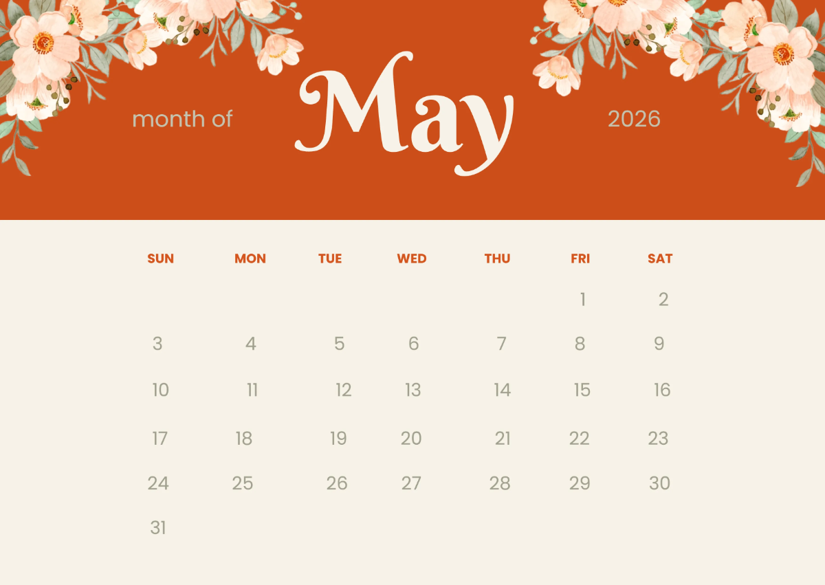 Free Floral May 2026 Calendar to Edit Online