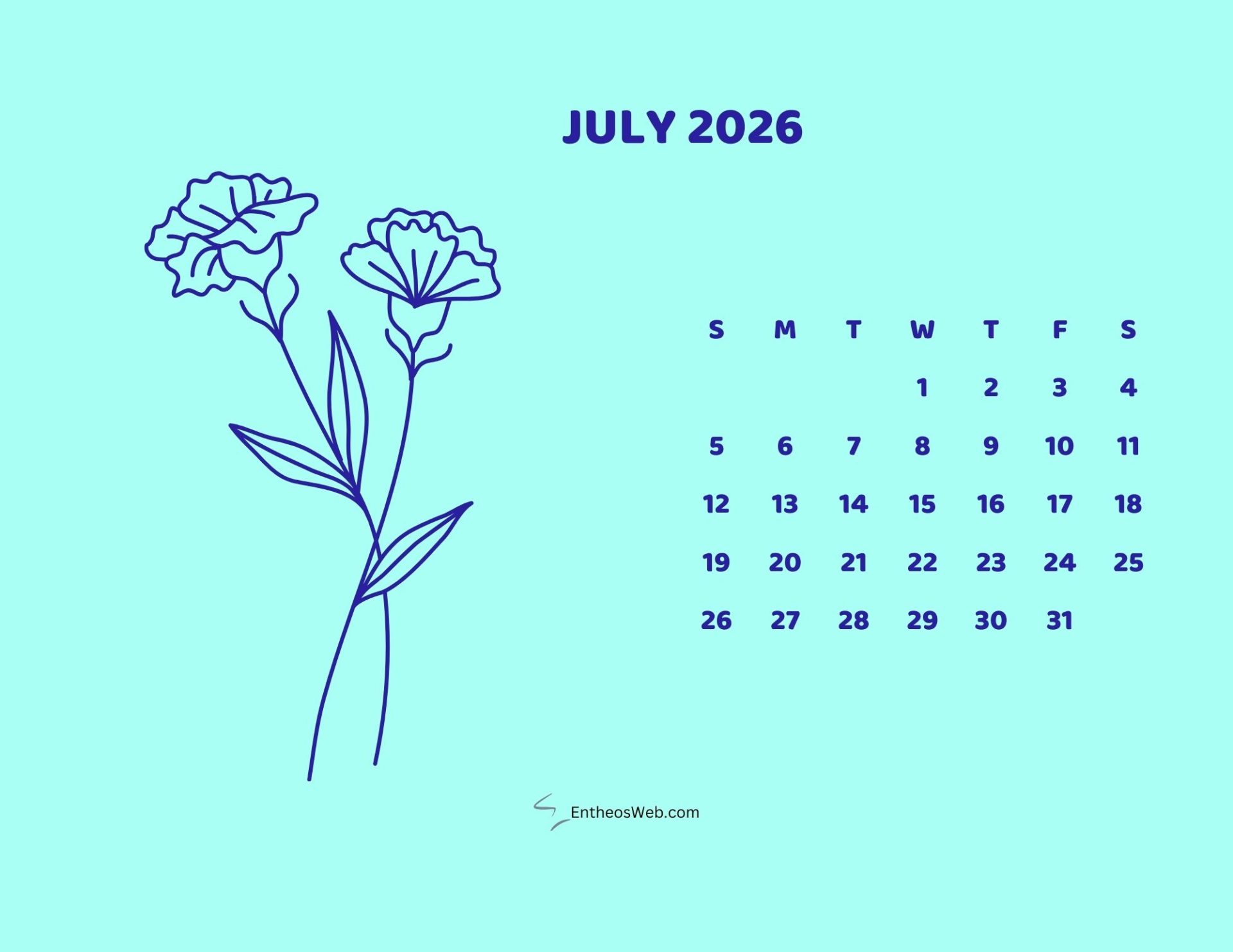 Free Printable July 2026 Calendars