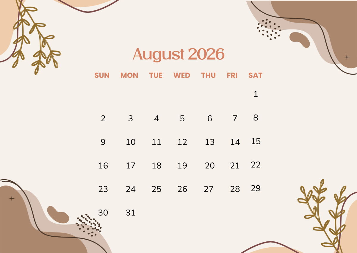 Free Beige Romantic August 2026 Calendar to Edit Online