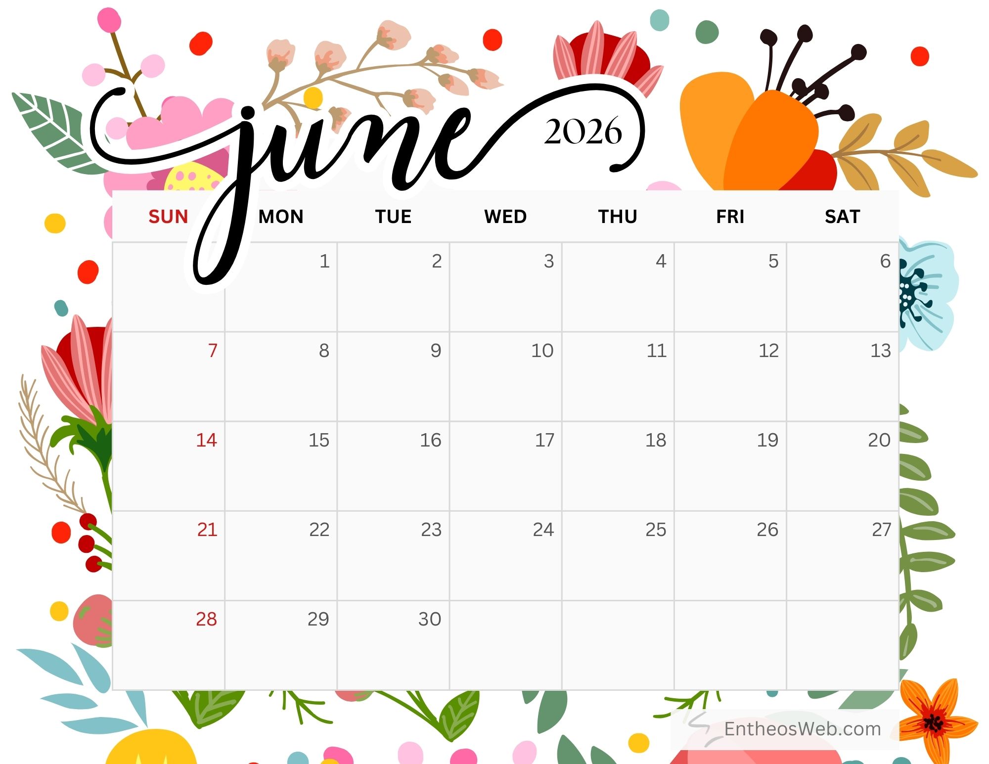 Free Printable June 2026 Calendar