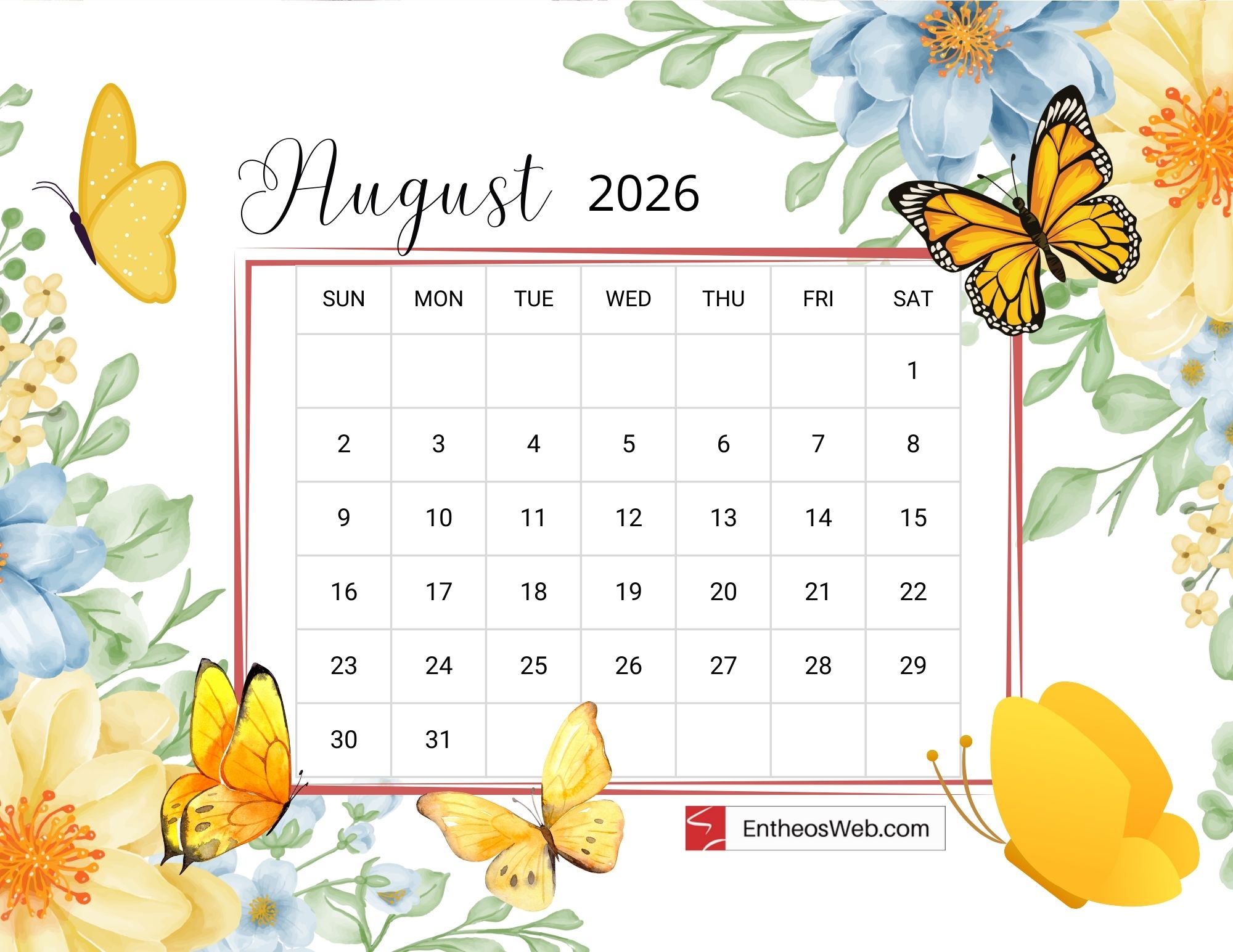 Free Printable August 2026 Calendars