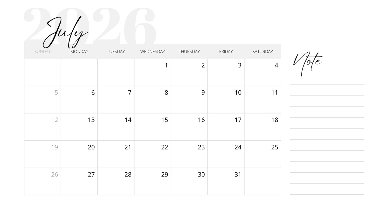 Free printable, custom July 2026 calendar