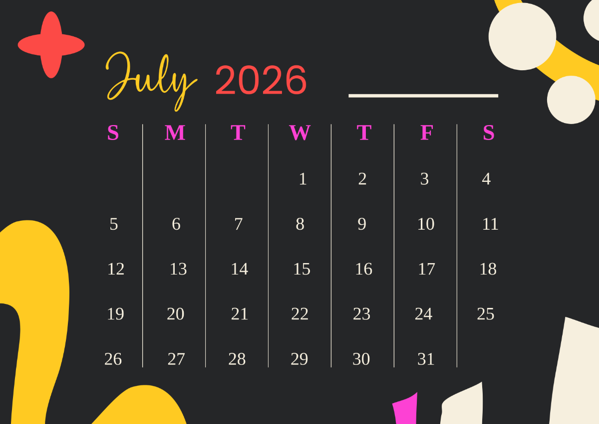 Free July 2026 Calendar Clipart to Edit Online