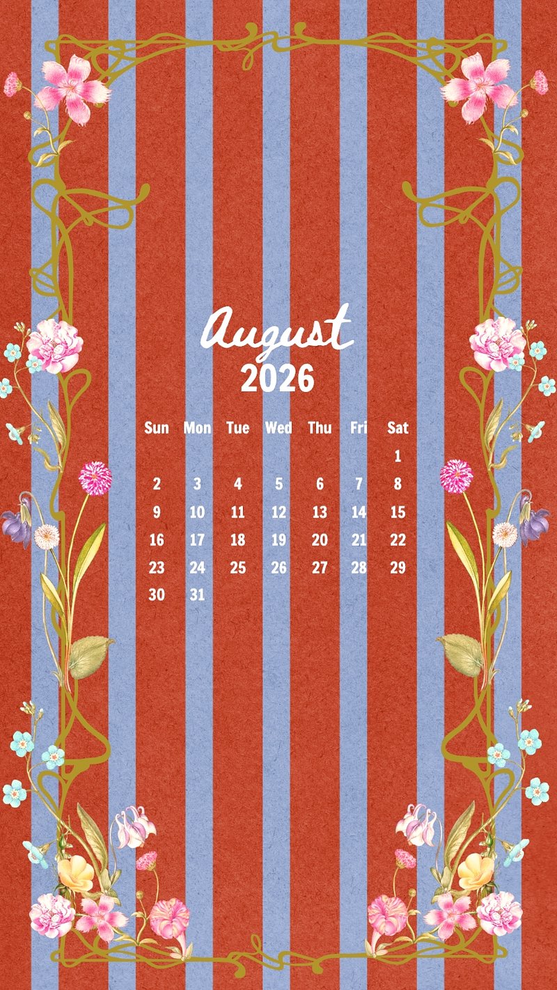 Vintage floral August 2026 calendar. Premium Editable