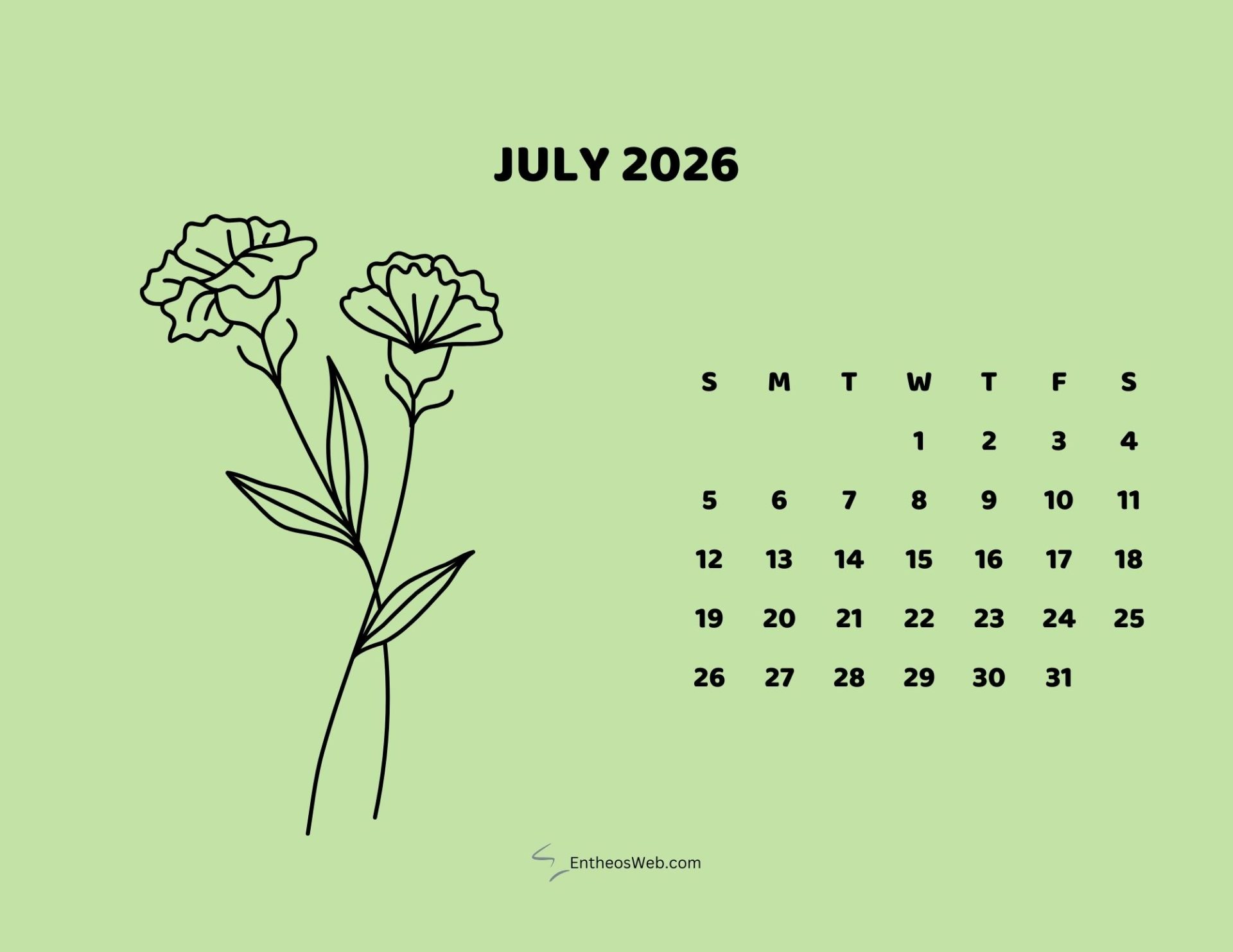 Free Printable July 2026 Calendars
