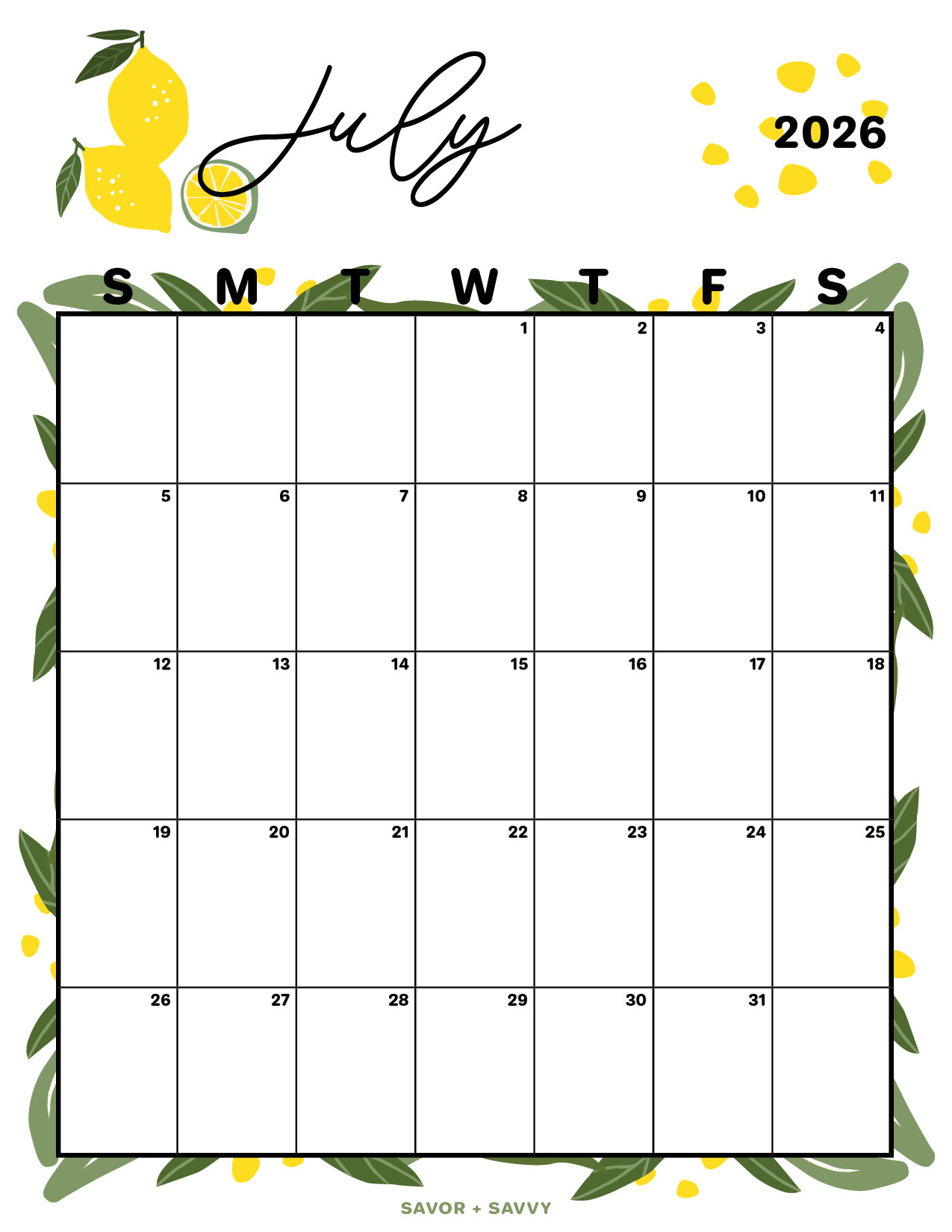 July 2026 Calendar Free Printables + Savvy