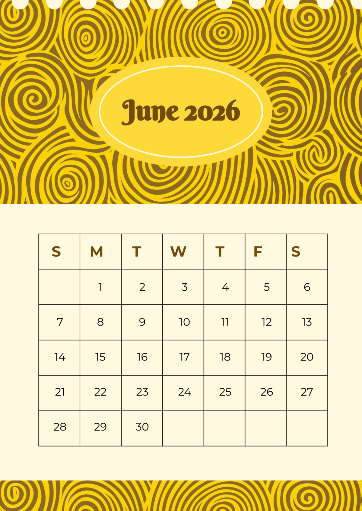 Free Yellow June 2026 Split Calendar to Edit Online