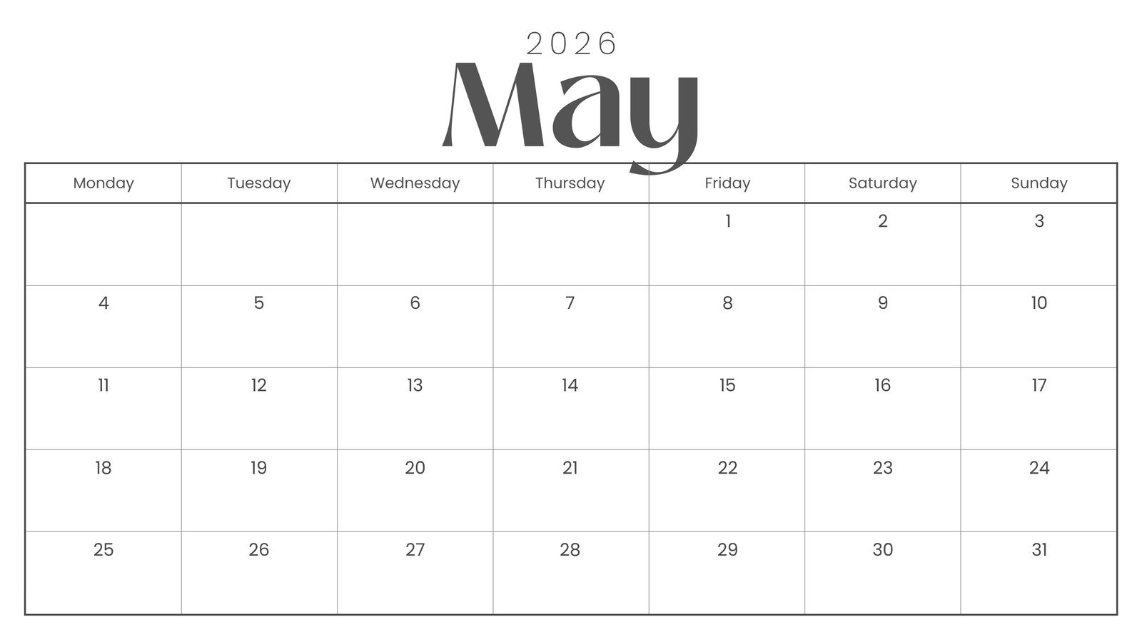 Free to edit and print May 2026 calendar