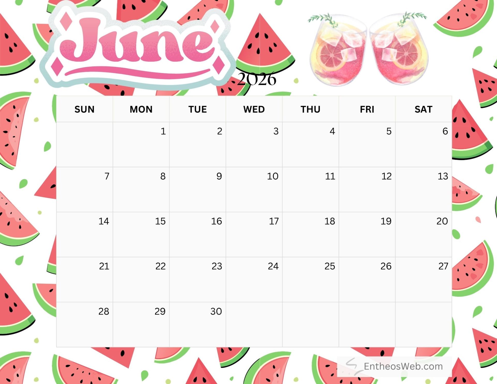 Free Printable June 2026 Calendar