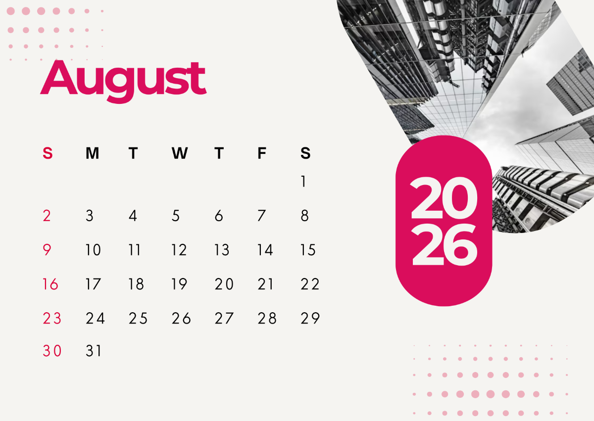 Free Modern August 2026 Calendar to Edit Online