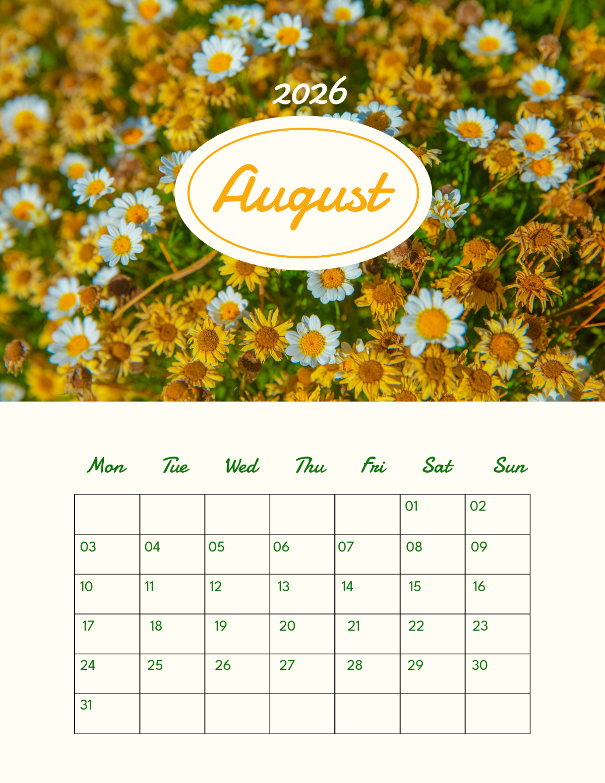 Free Garden August 2026 Calendar to Edit Online