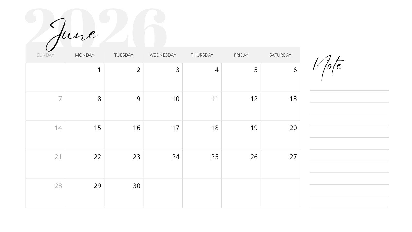 Free printable, custom June 2026 calendar