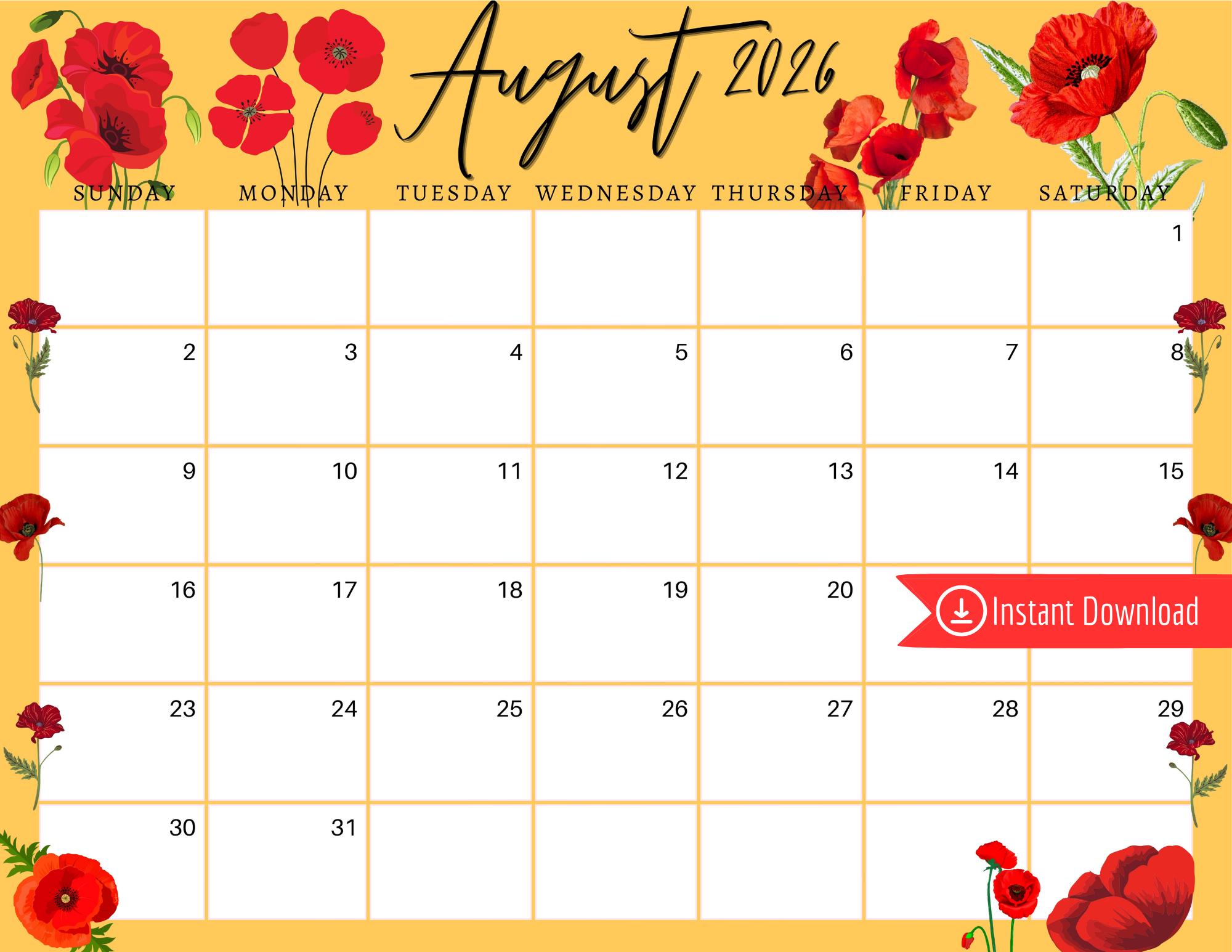 August 2026 Calendar: Red Poppy Flowers, Editable Planner (PDF, PNG, JPG Download)
