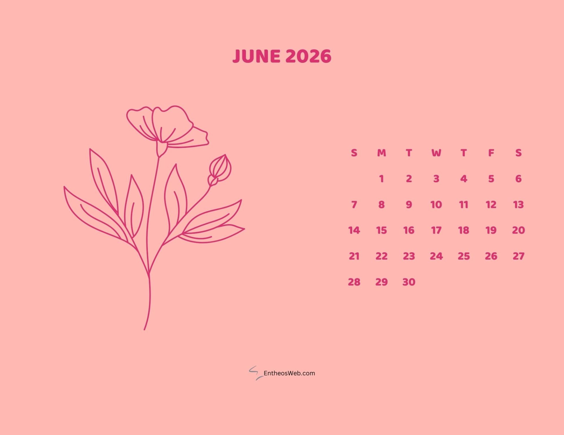 Free Printable June 2026 Calendar