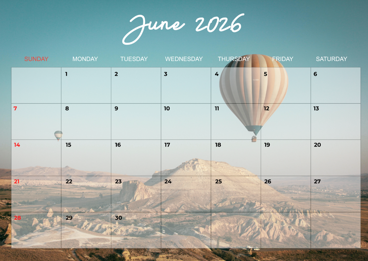 Free Landscape June 2026 Calendar to Edit Online