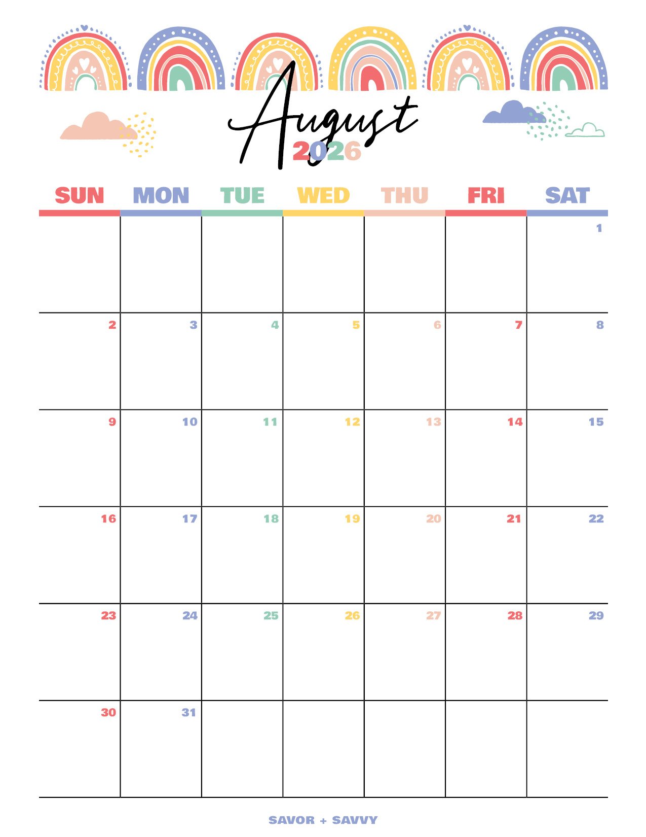 August 2026 Calendar Free Printables + Savvy