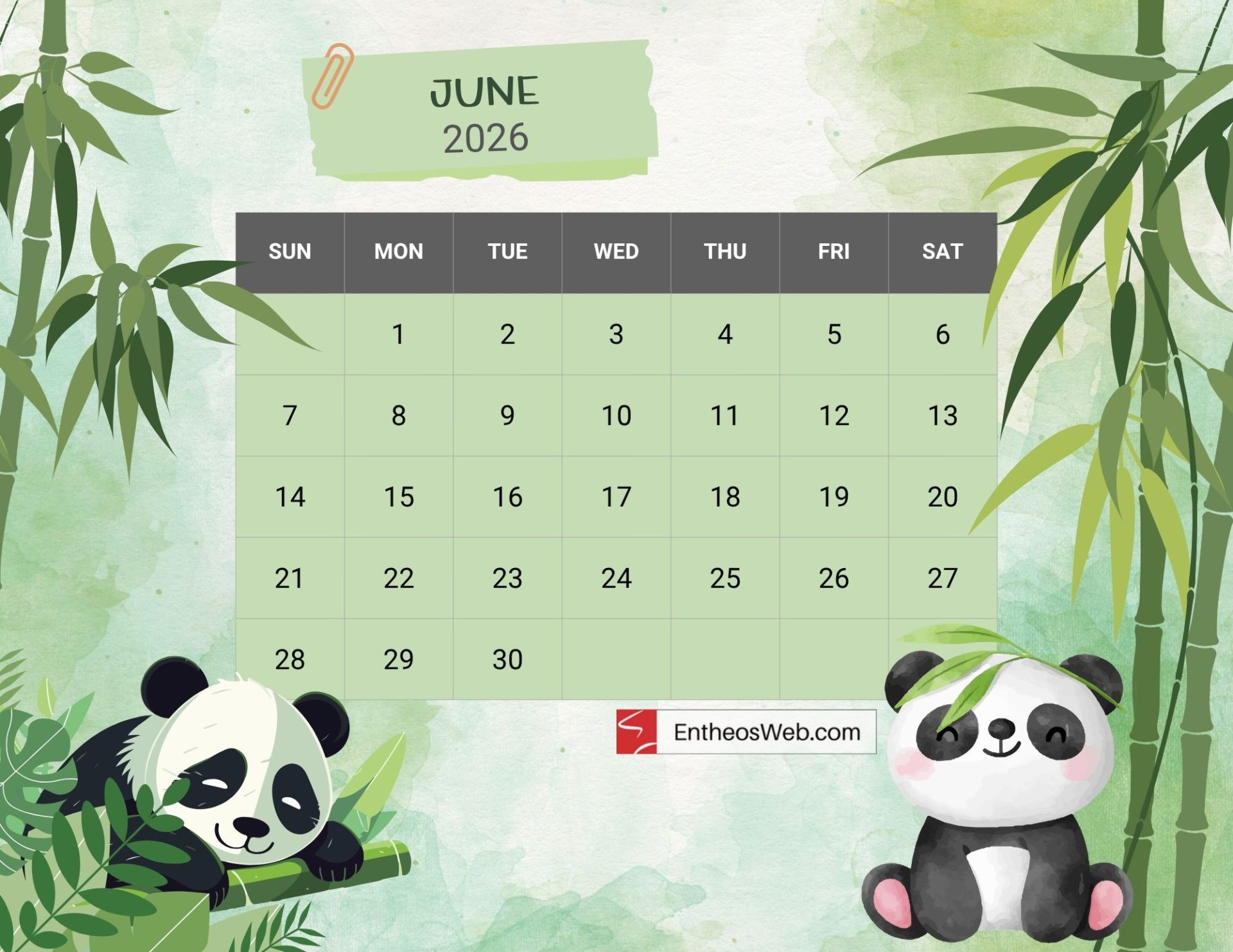 Free Printable June 2026 Calendar