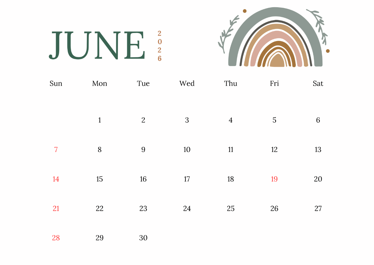 Free Sunday Start June 2026 Calendar To Edit Online