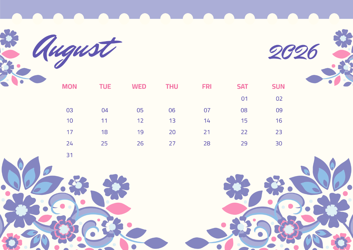 Free Colorful Pastel August 2026 Calendar to Edit Online