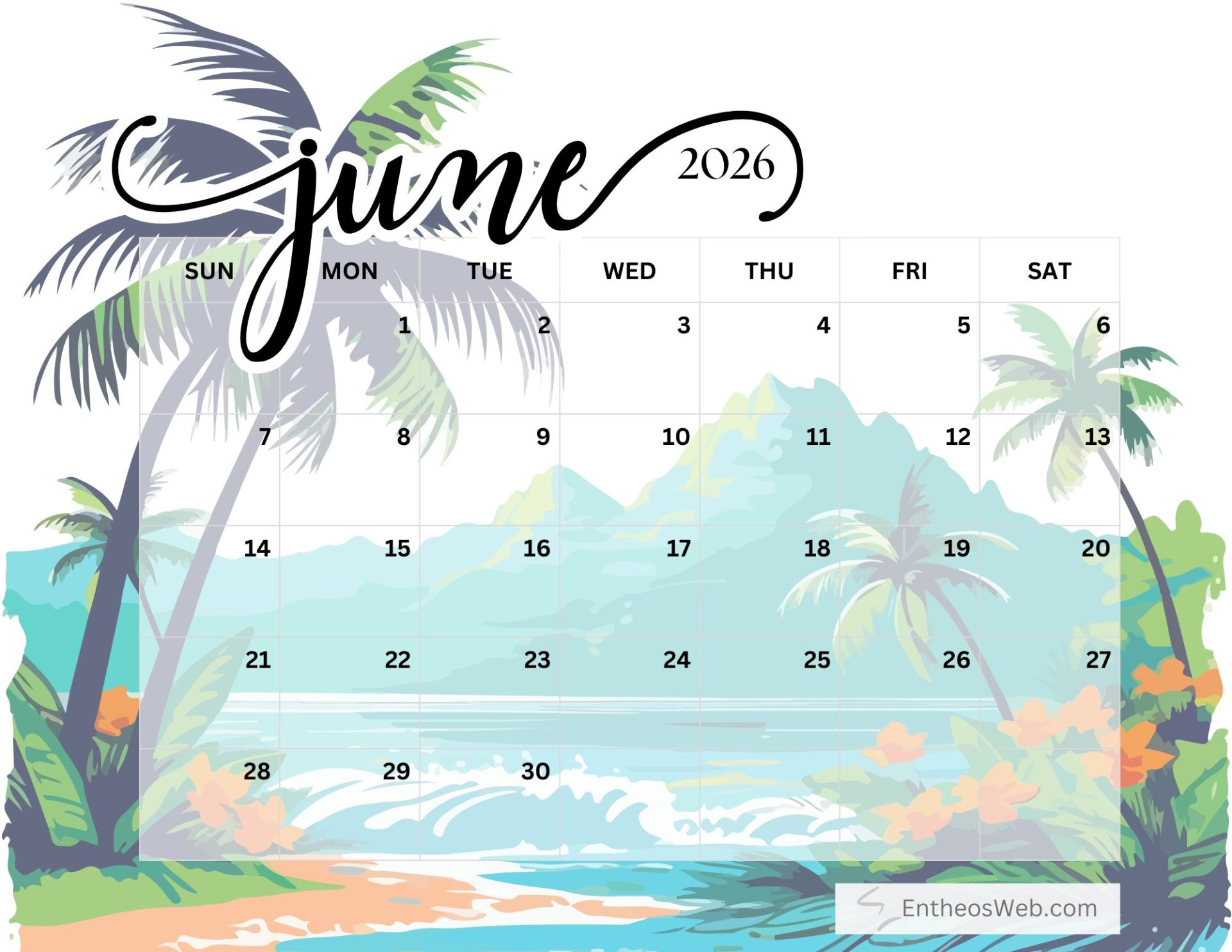 Free Printable June 2026 Calendar