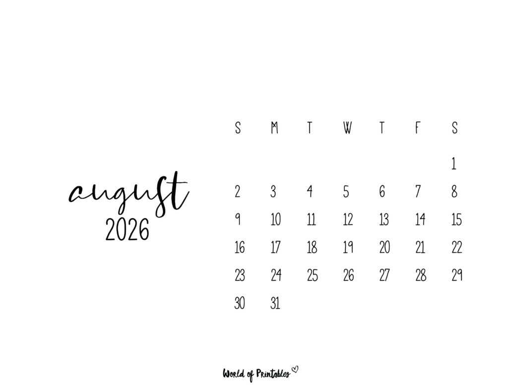August 2026 Calendars Free Printables