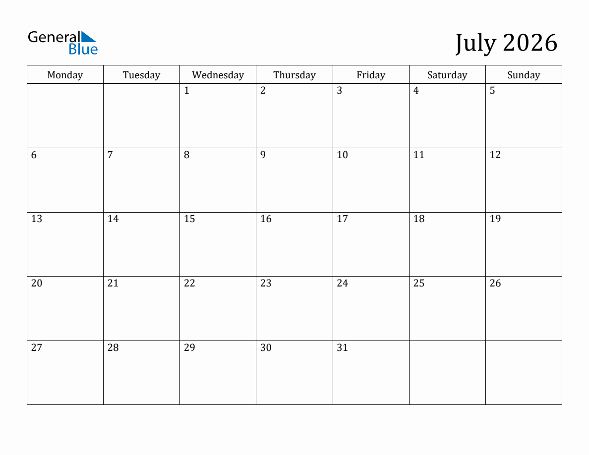July 2026 Monday Start Calendar (PDF, Excel, Word)