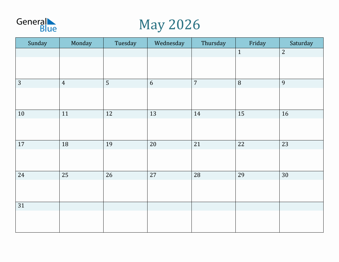 May 2026 Monthly Calendar