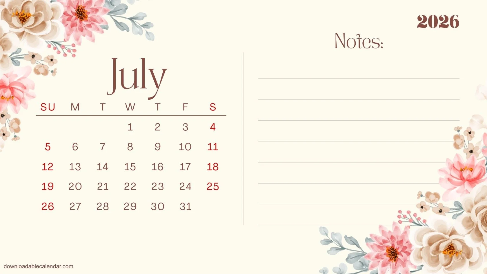 Floral Calendar Printable 2026, Plan, Write and Bloom
