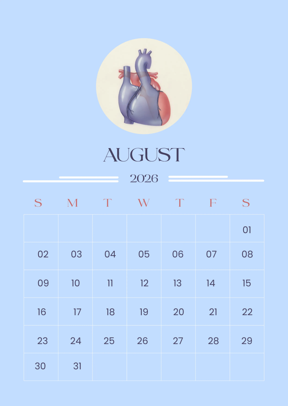 Free August 2026 Hospital Calendar to Edit Online