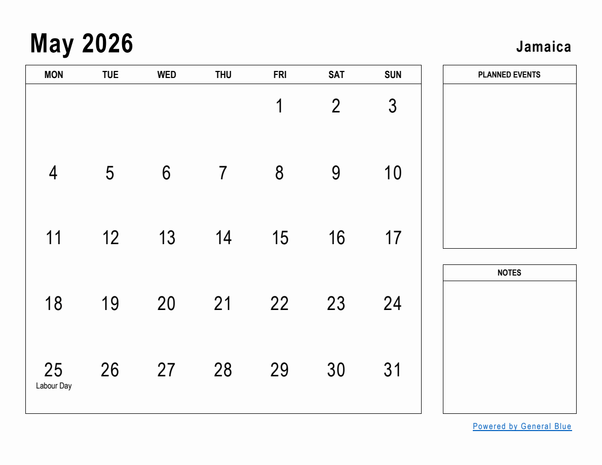 May 2026 Planner with Jamaica Holidays (Monday Start)