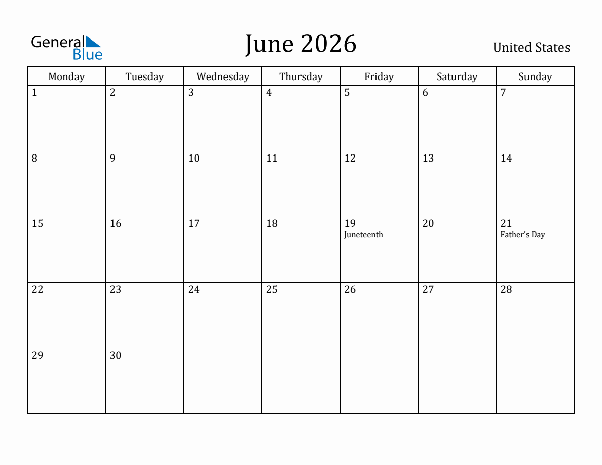 June 2026 Monthly Calendar with United States Holidays (Monday Start)