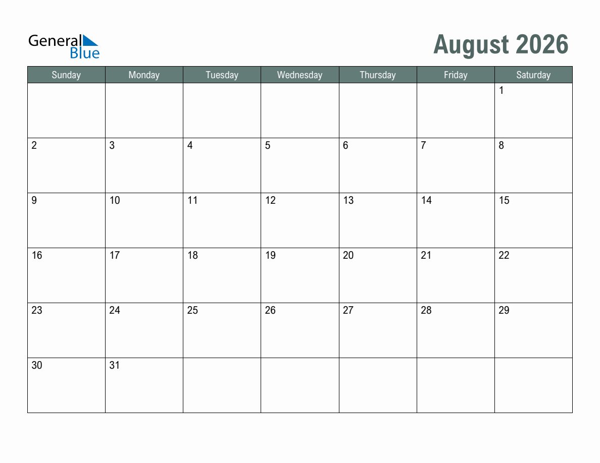 Blank August 2026 Monthly Calendar