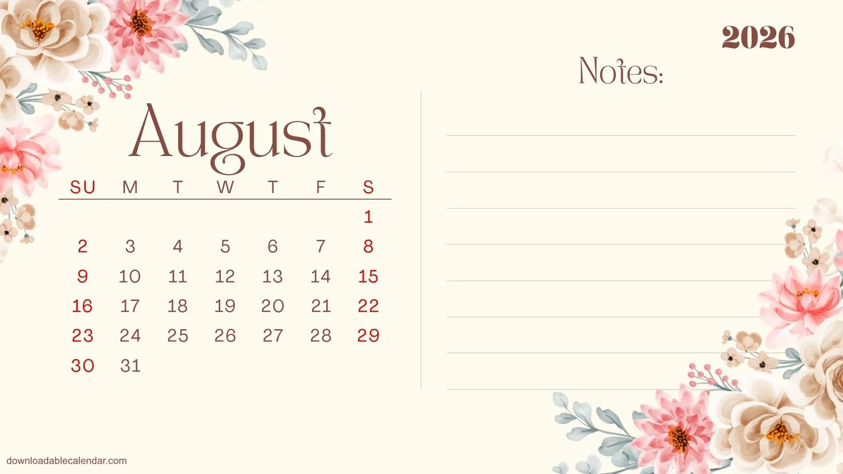 Floral Calendar Printable 2026, Plan, Write and Bloom