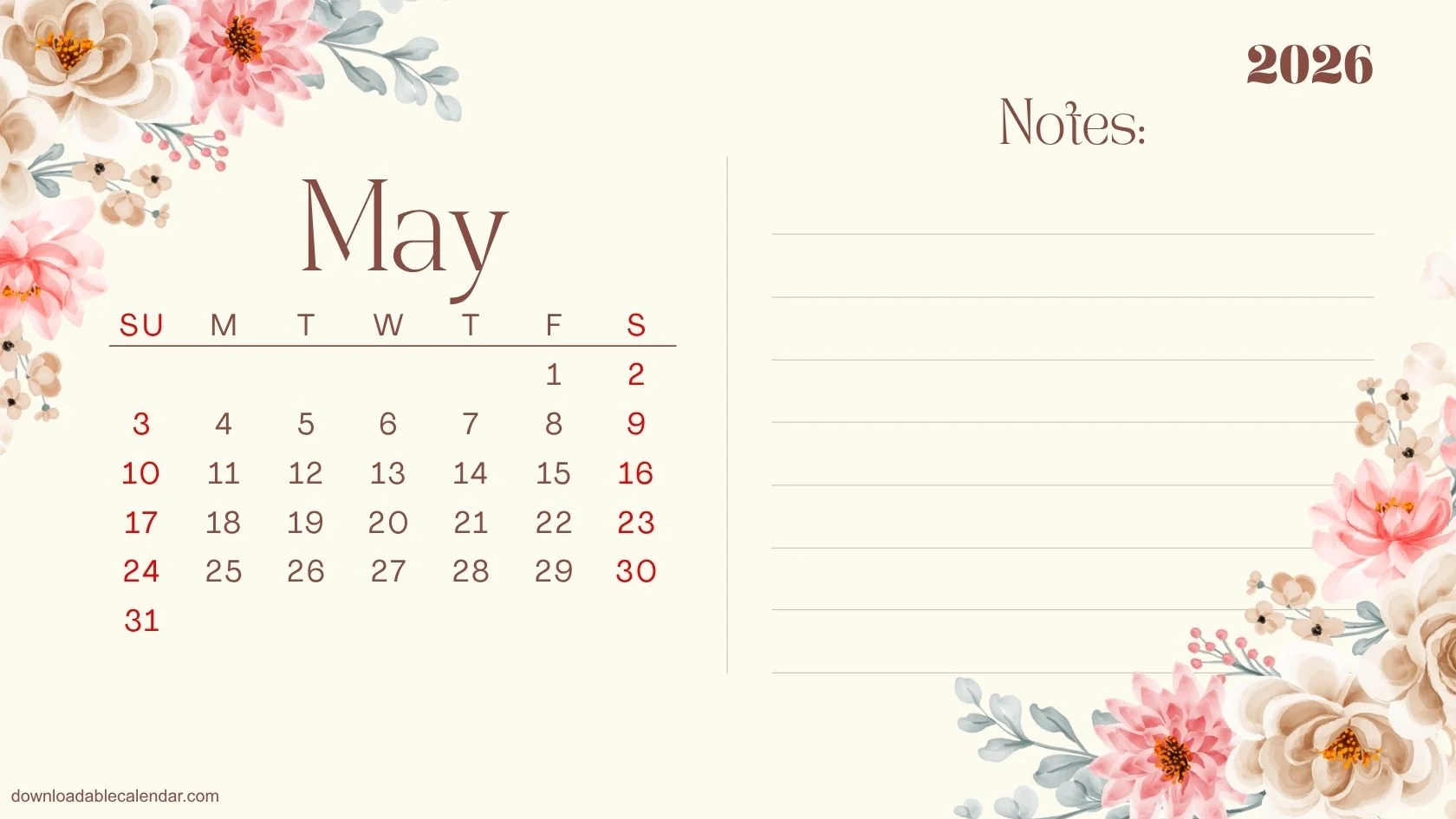 Floral Calendar Printable 2026, Plan, Write and Bloom