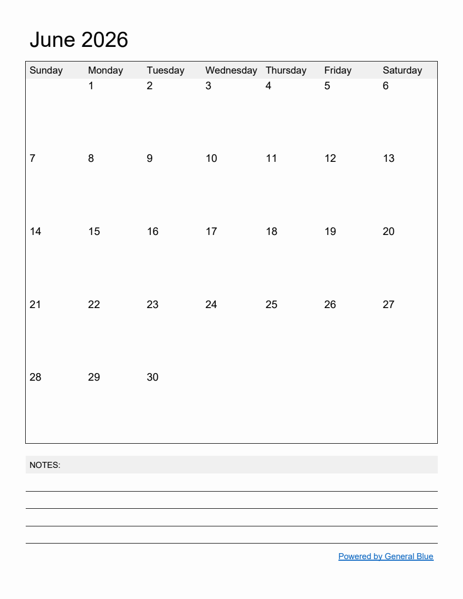 Free Printable Monthly Calendar for June 2026