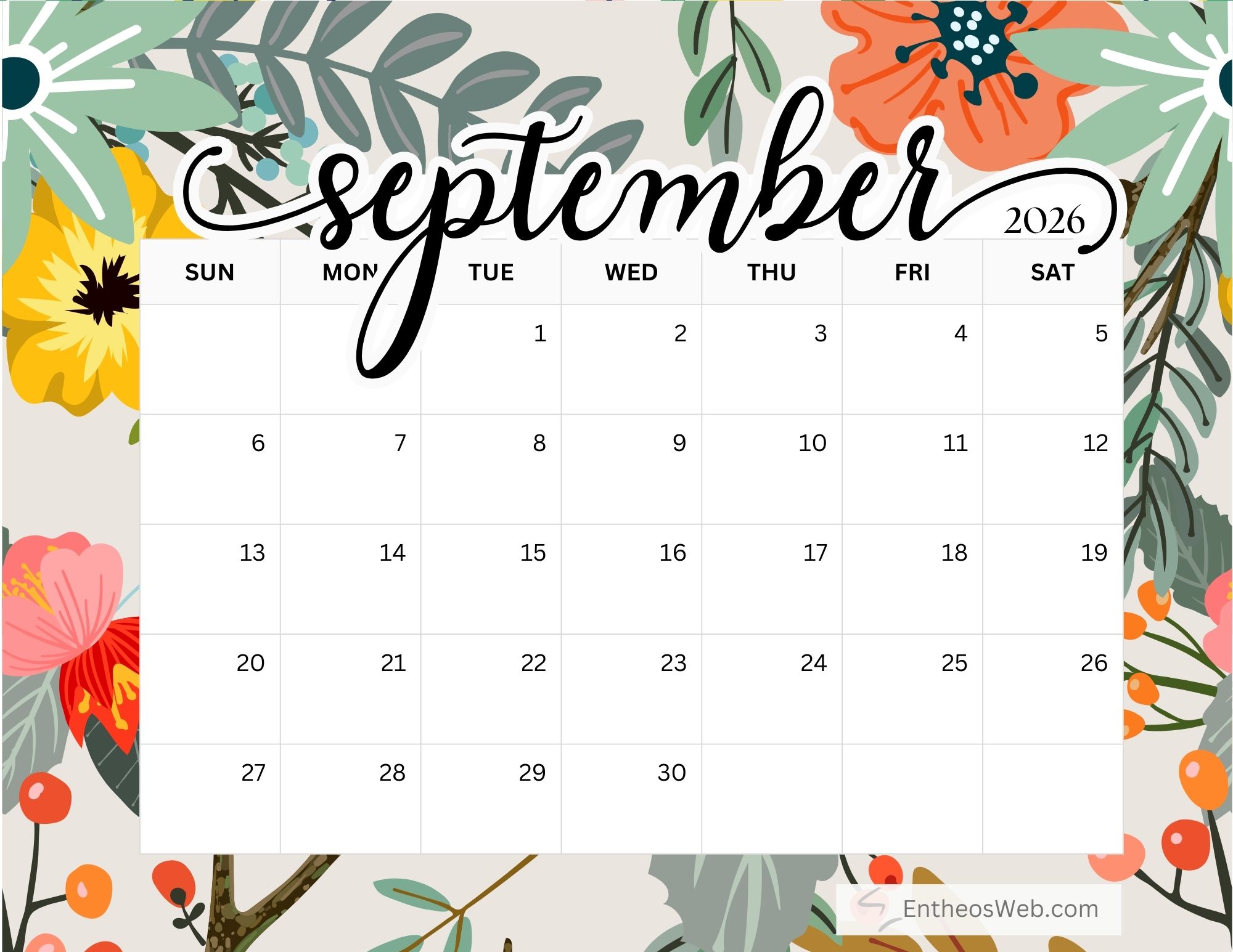 Free Printable September 2026 Calendars