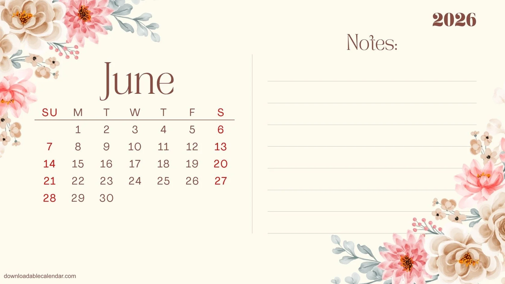 Floral Calendar Printable 2026, Plan, Write and Bloom