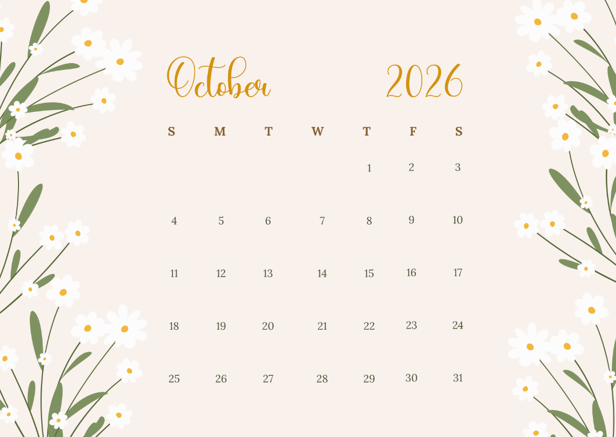 Free Floral October 2026 Calendar to Edit Online