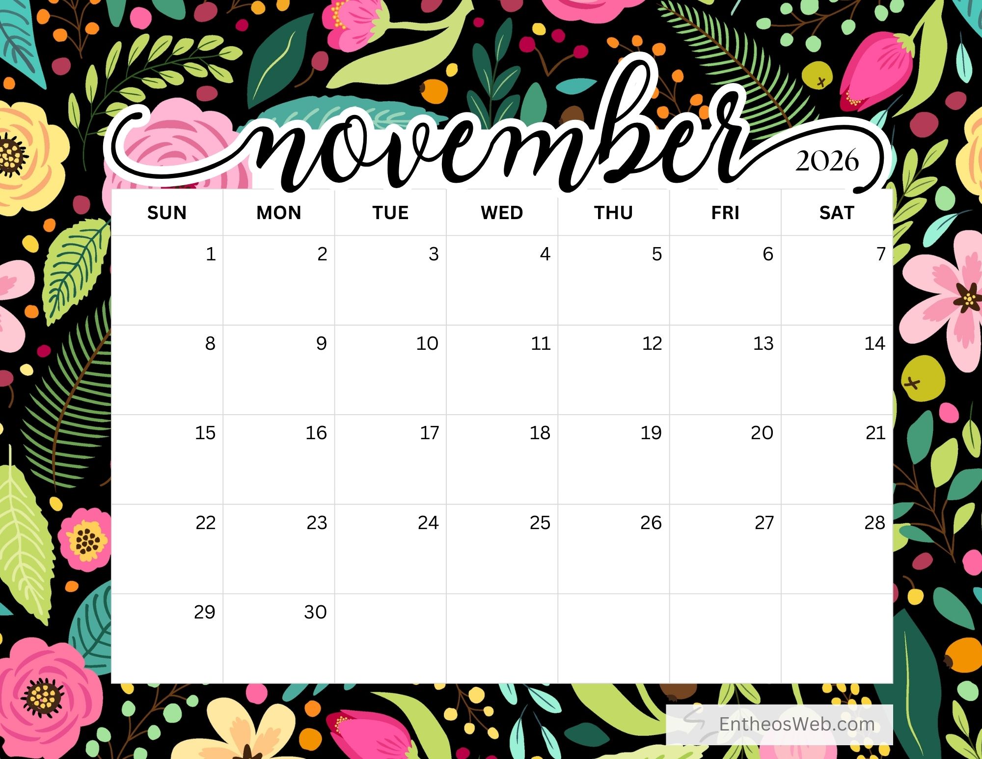 Free Printable November 2026 Calendars