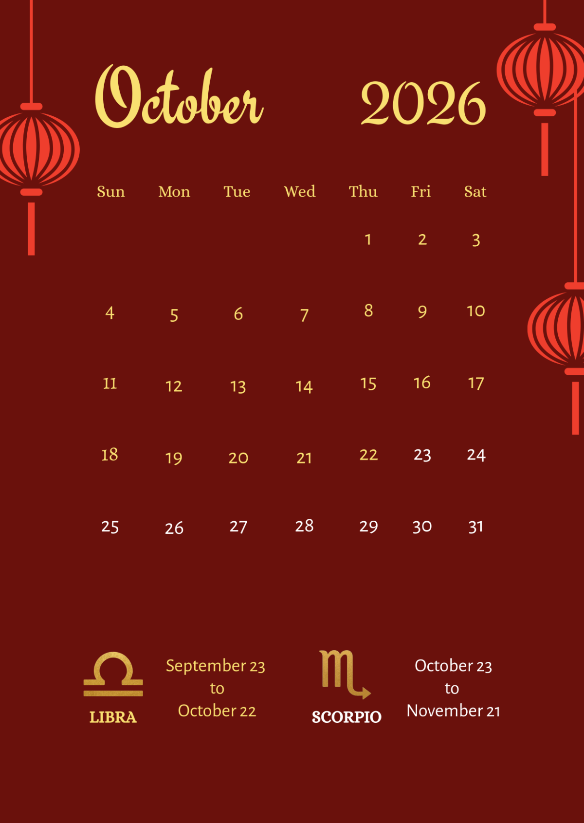 Free October 2026 Calendar with Zodiac Sign to Edit Online