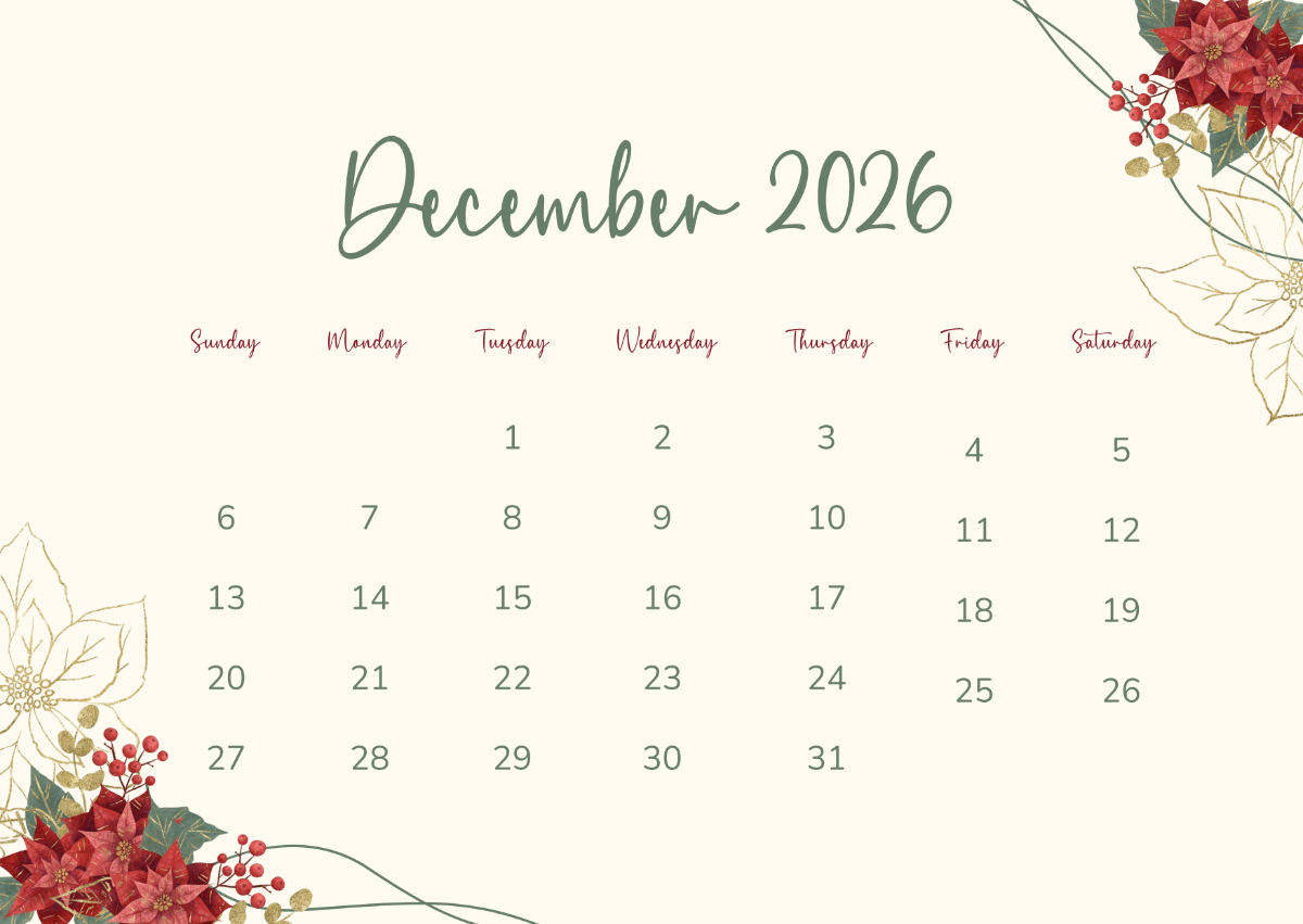 Free Aesthetic December 2026 Festive Calendar to Edit Online