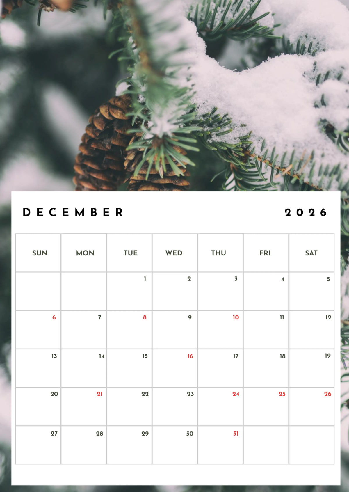 Free Winter Background December 2026 Calendar to Edit Online