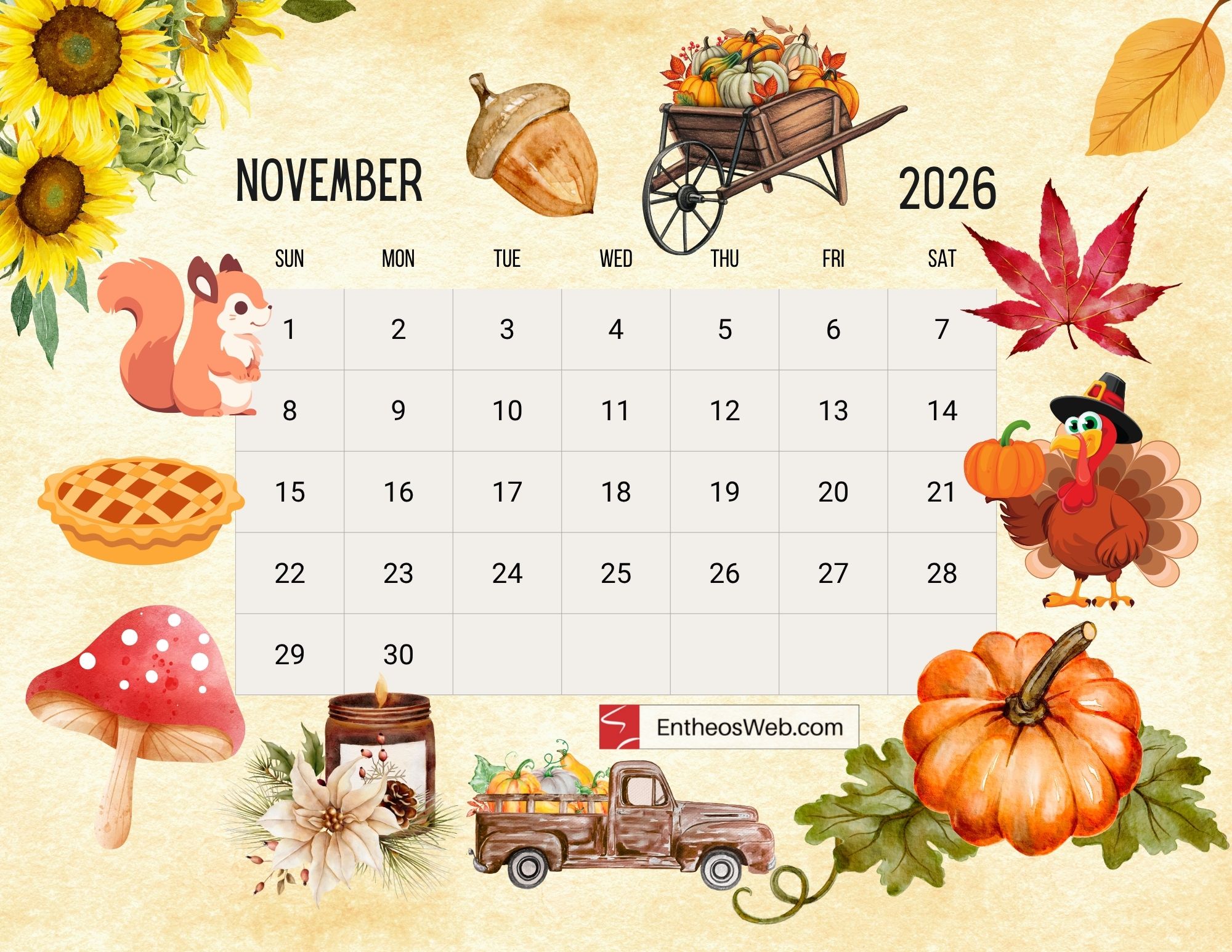 Free Printable November 2026 Calendars