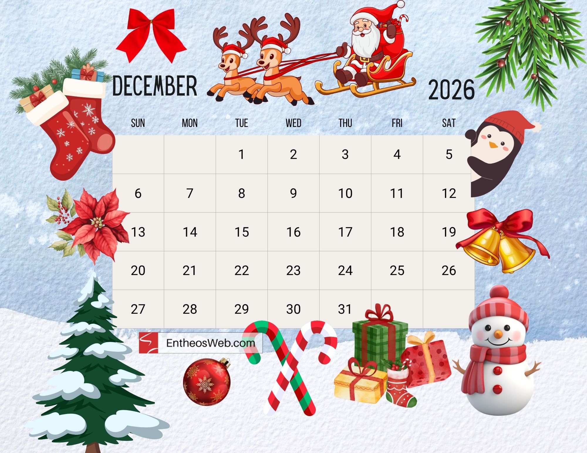 Free Printable December 2026 Calendars