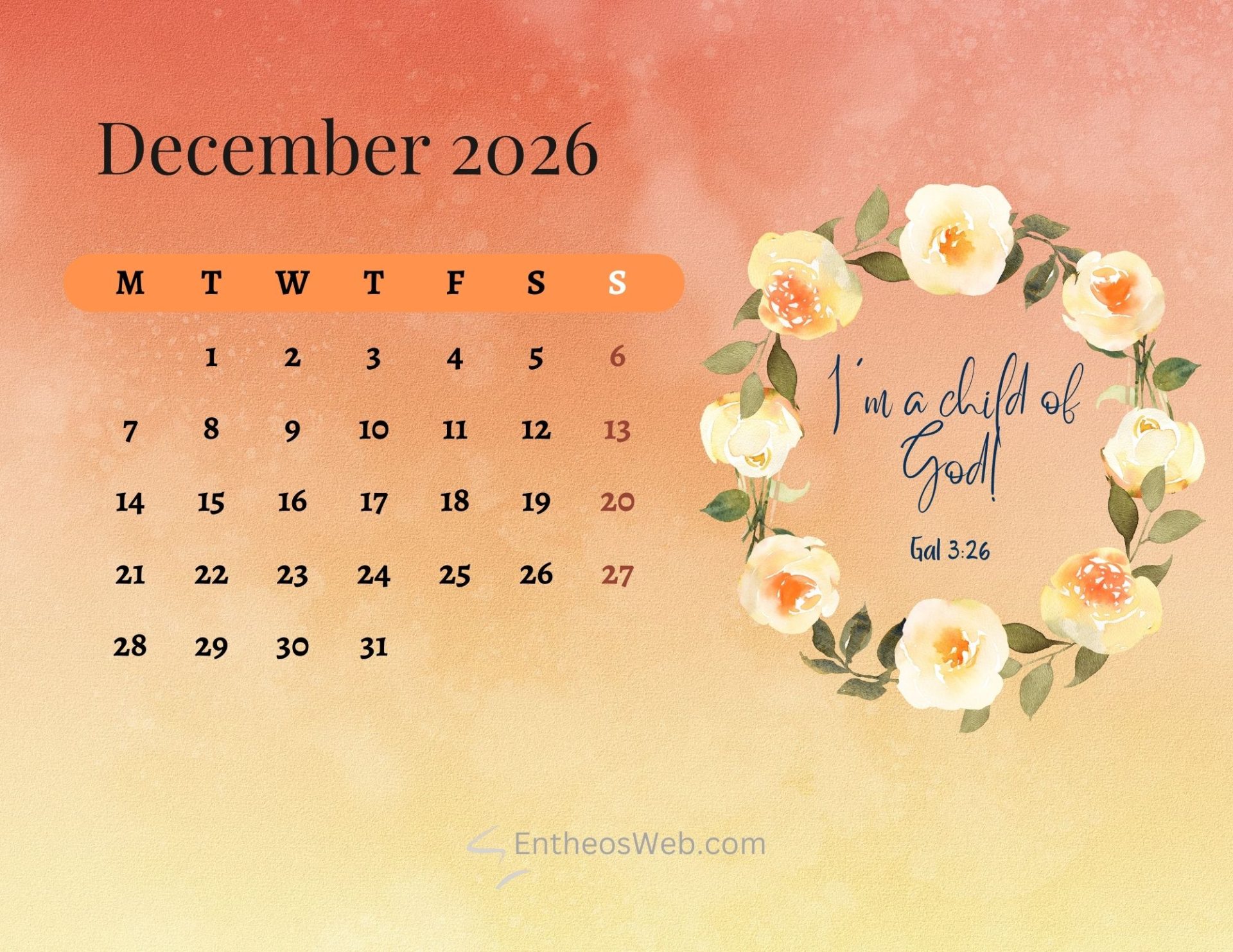 Free Printable December 2026 Calendars