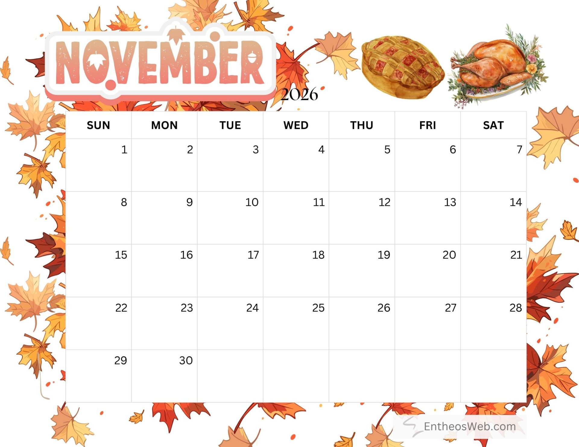Free Printable November 2026 Calendars