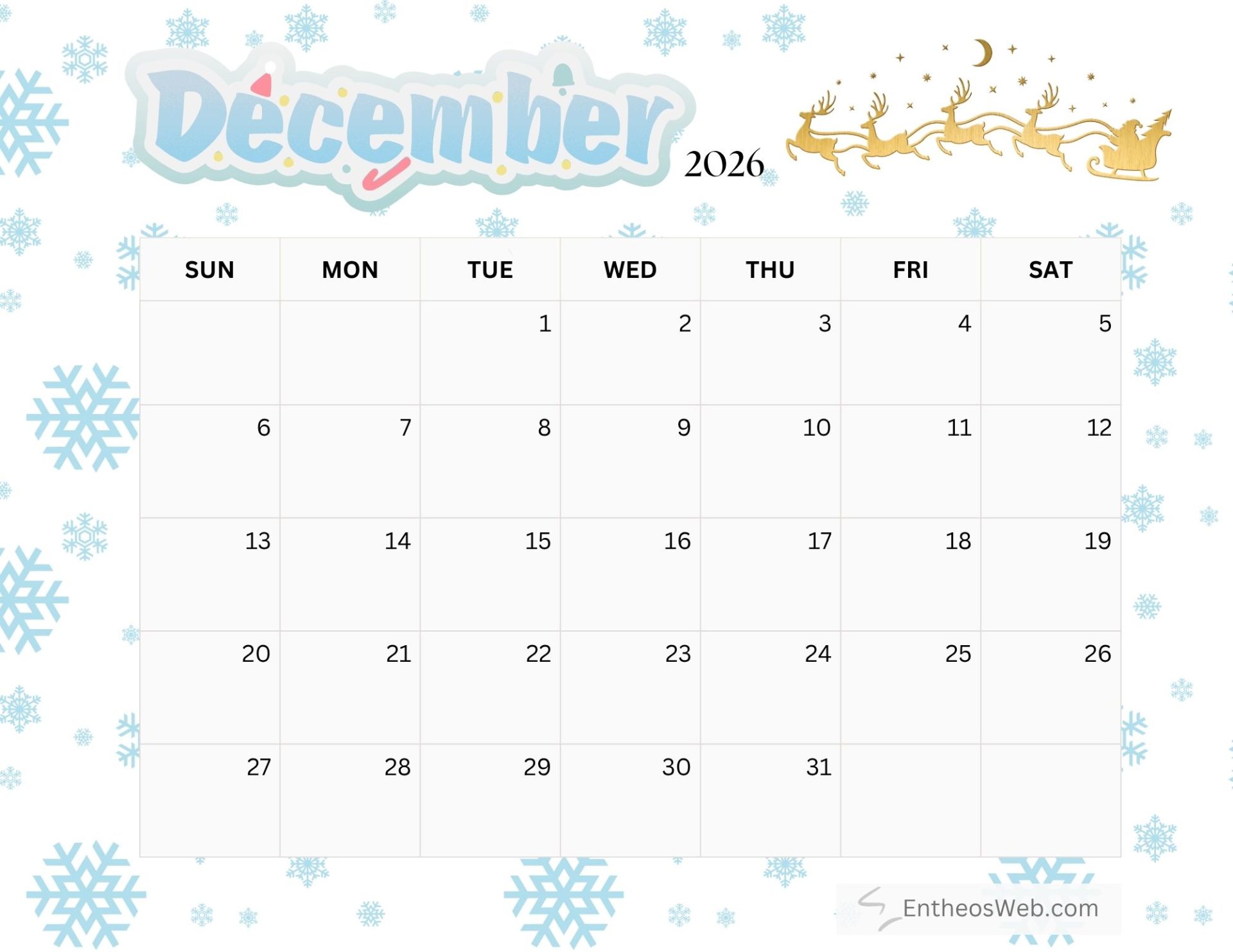 Free Printable December 2026 Calendars
